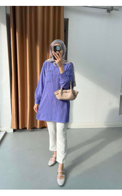 Sare Fashion Stone Detailed Striped Shirt Purple