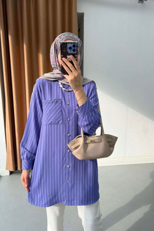 Sare Fashion Stone Detailed Striped Shirt Purple