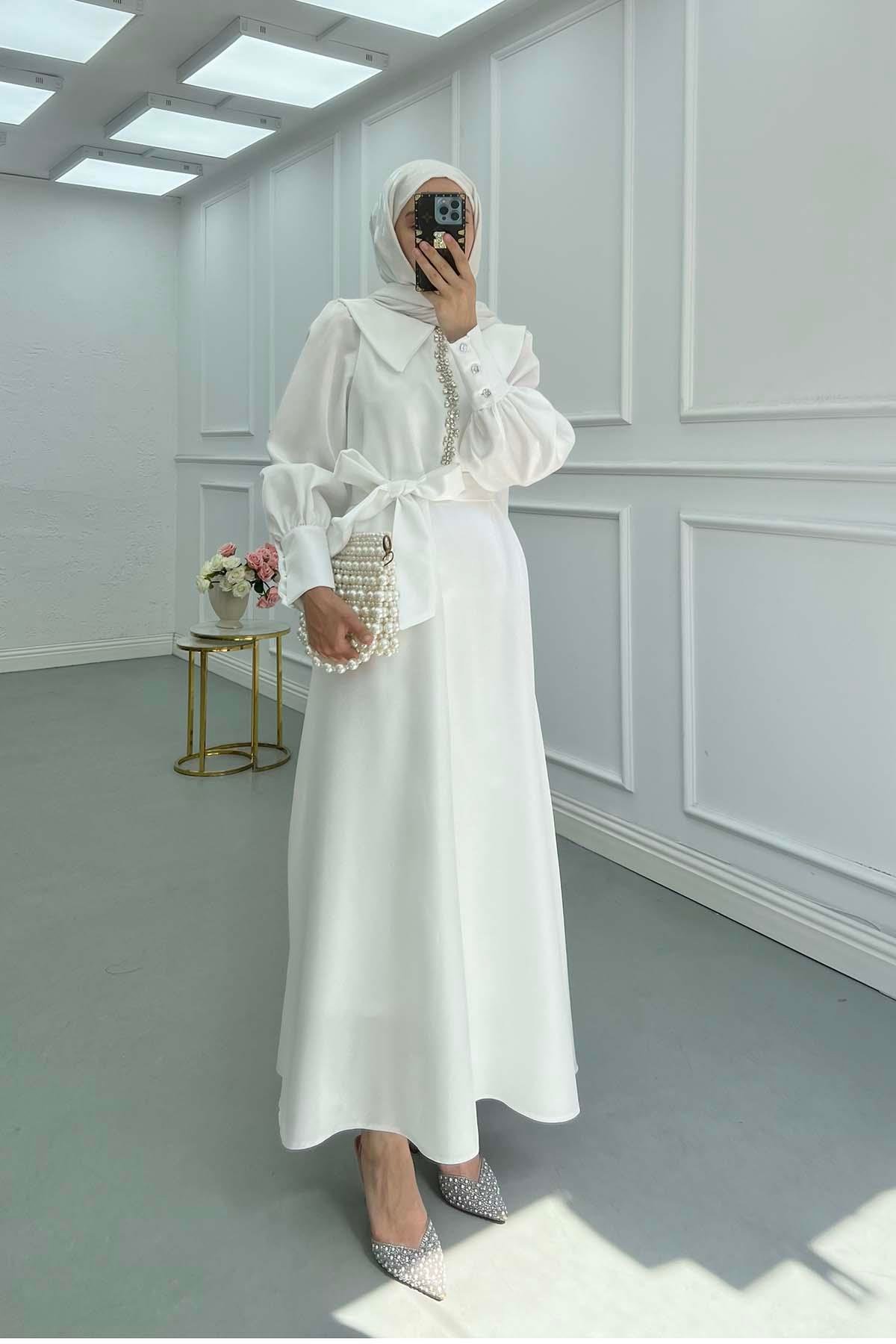 Sare Fashion Belted Dress with Stone Detail White
