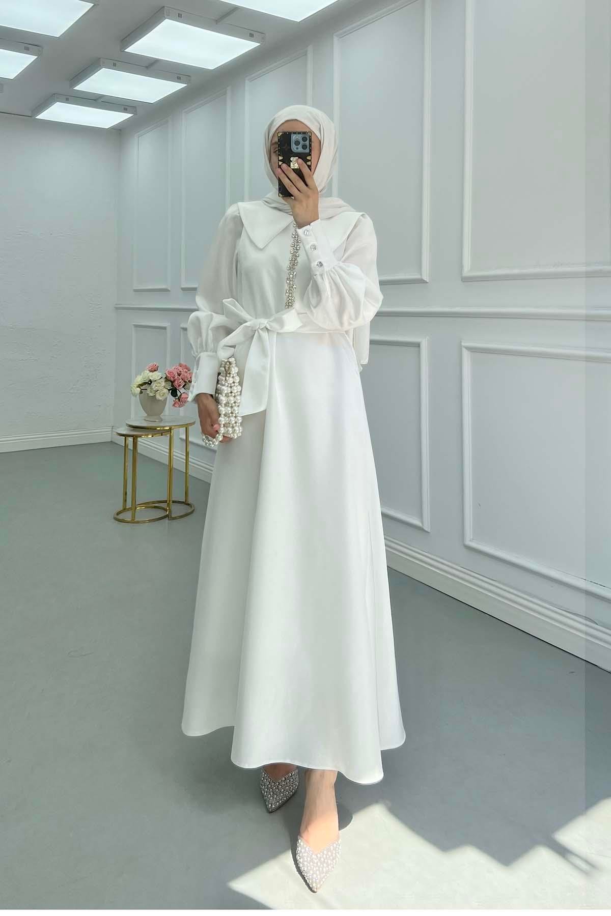 Sare Fashion Belted Dress with Stone Detail White