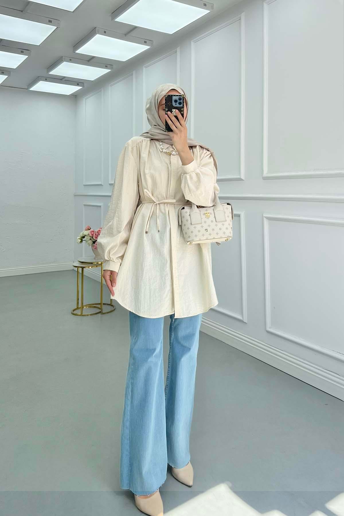 Sare Fashion Belted Shirt with Stone Detail Beige