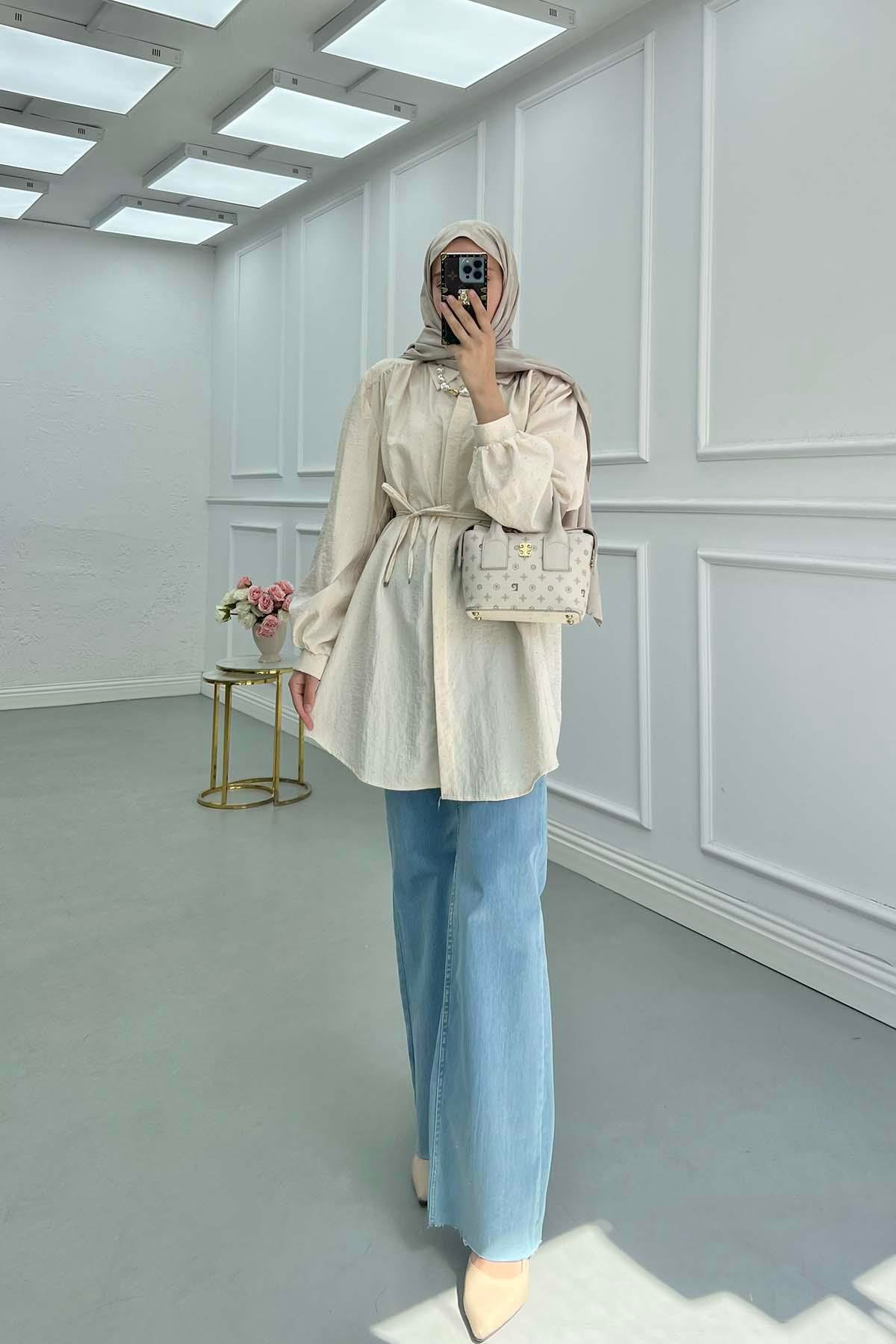 Sare Fashion Belted Shirt with Stone Detail Beige