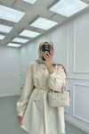 Sare Fashion Belted Shirt with Stone Detail Beige