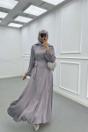 Sare Fashion Stone Detailed Belted Satin Dress Gray