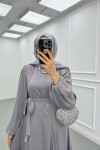 Sare Fashion Stone Detailed Belted Satin Dress Gray