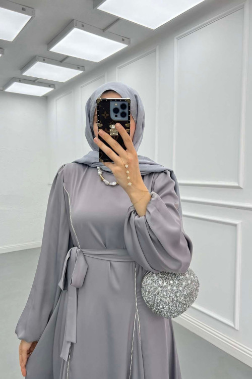 Sare Fashion Stone Detailed Belted Satin Dress Gray