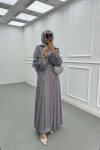 Sare Fashion Stone Detailed Belted Satin Dress Gray