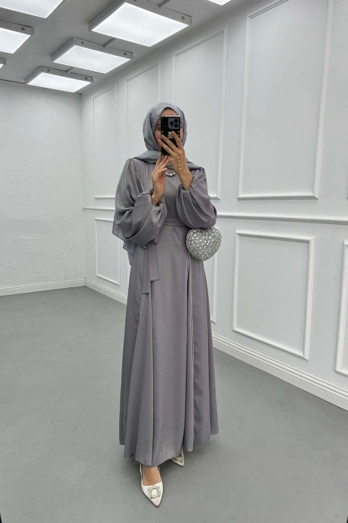Sare Fashion Stone Detailed Belted Satin Dress Gray