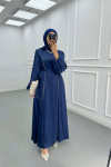 Sare Fashion Stone Detailed Belted Satin Dress Navy Blue