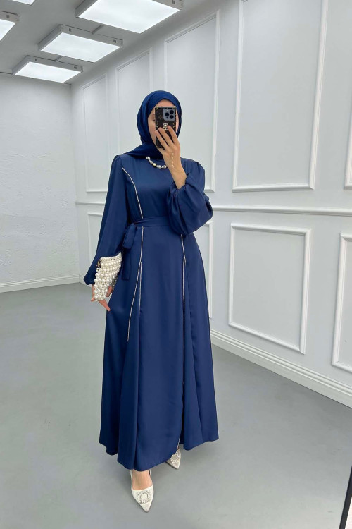 Sare Fashion Stone Detailed Belted Satin Dress Navy Blue