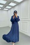 Sare Fashion Stone Detailed Belted Satin Dress Navy Blue