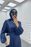 Sare Fashion Stone Detailed Belted Satin Dress Navy Blue