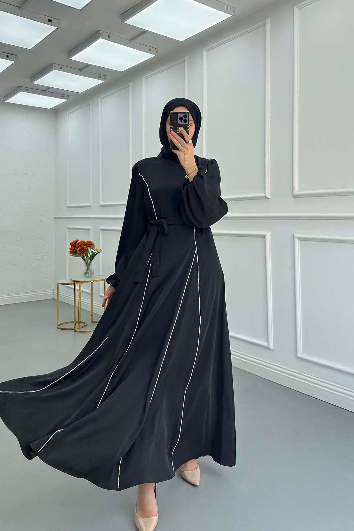 Sare Fashion Stone Detailed Belted Satin Dress Black