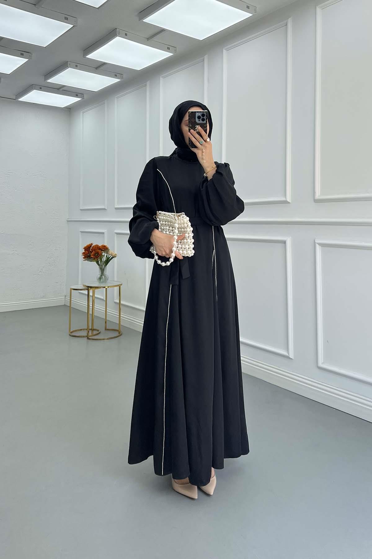 Sare Fashion Stone Detailed Belted Satin Dress Black