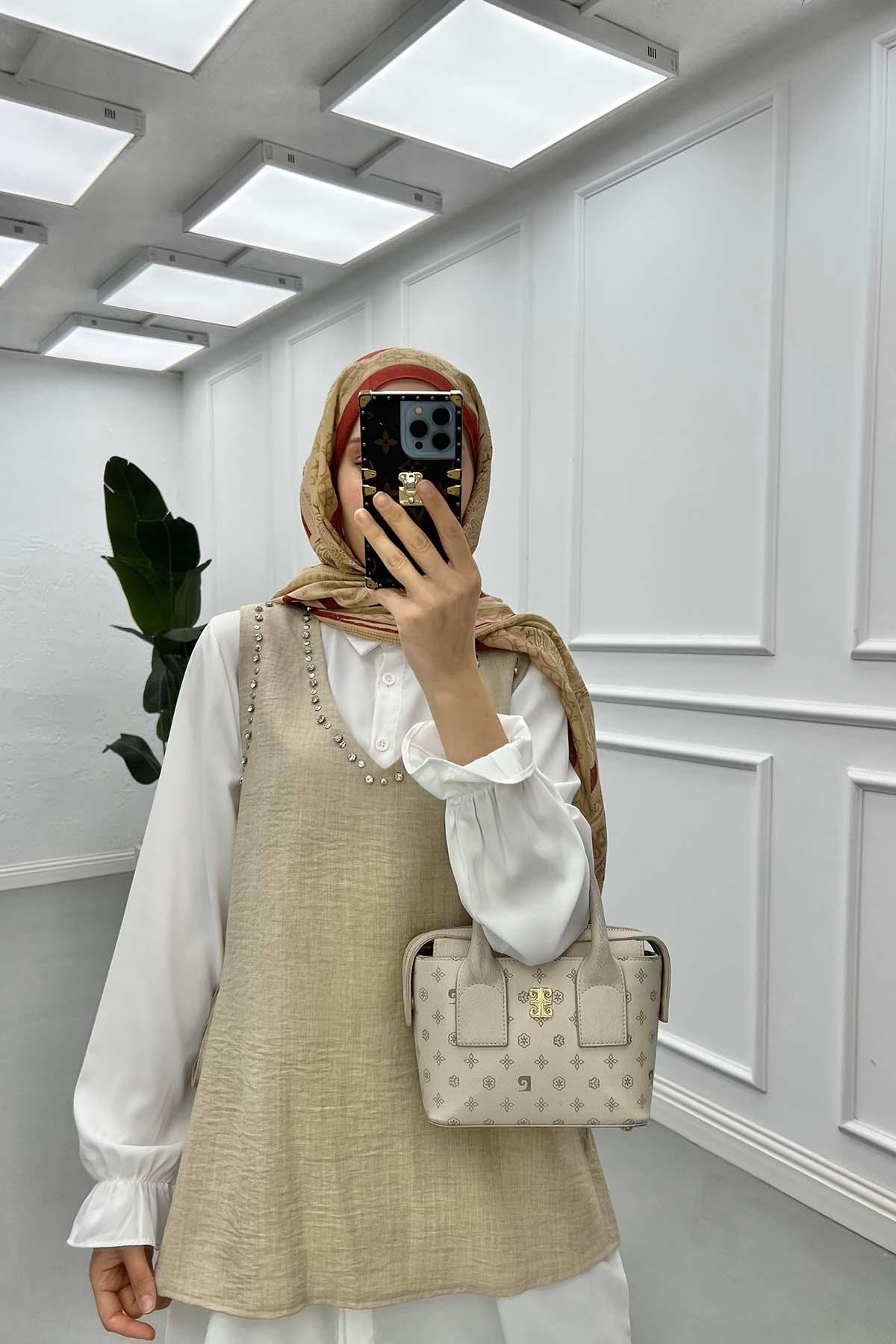 Sare Fashion Stone Detailed Three Piece Set Beige