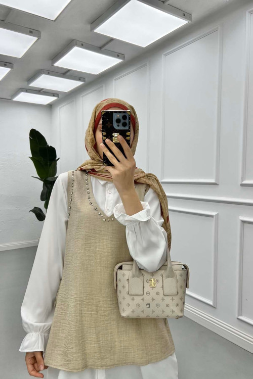 Sare Fashion Stone Detailed Three Piece Set Beige