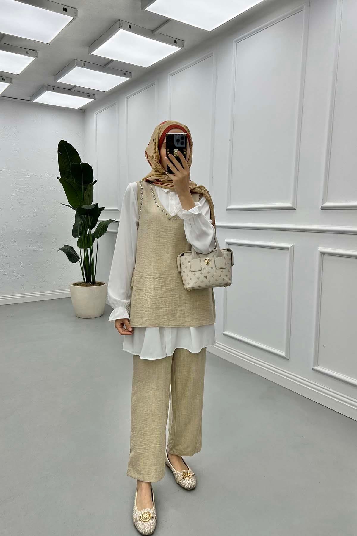 Sare Fashion Stone Detailed Three Piece Set Beige
