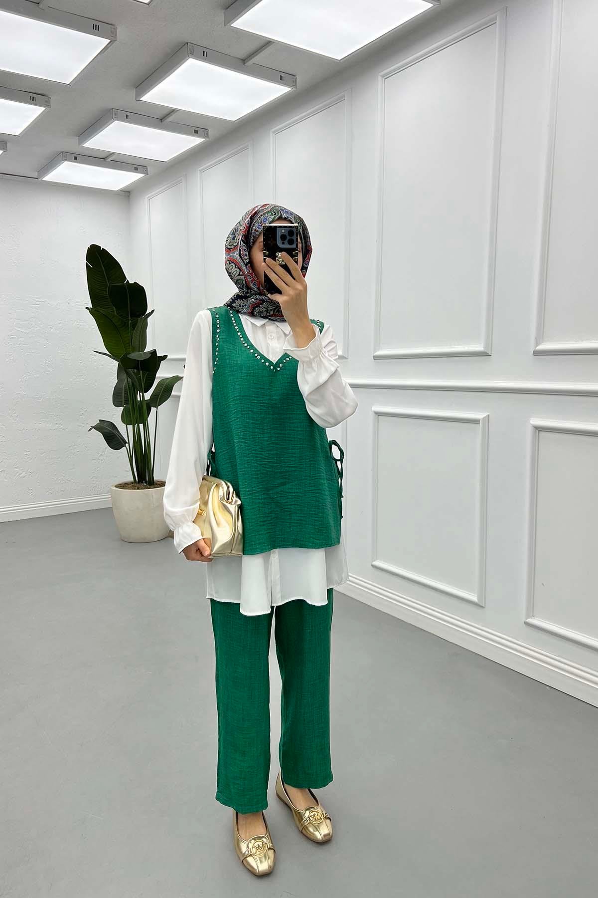 Sare Fashion Stone Detailed Three Piece Set Green