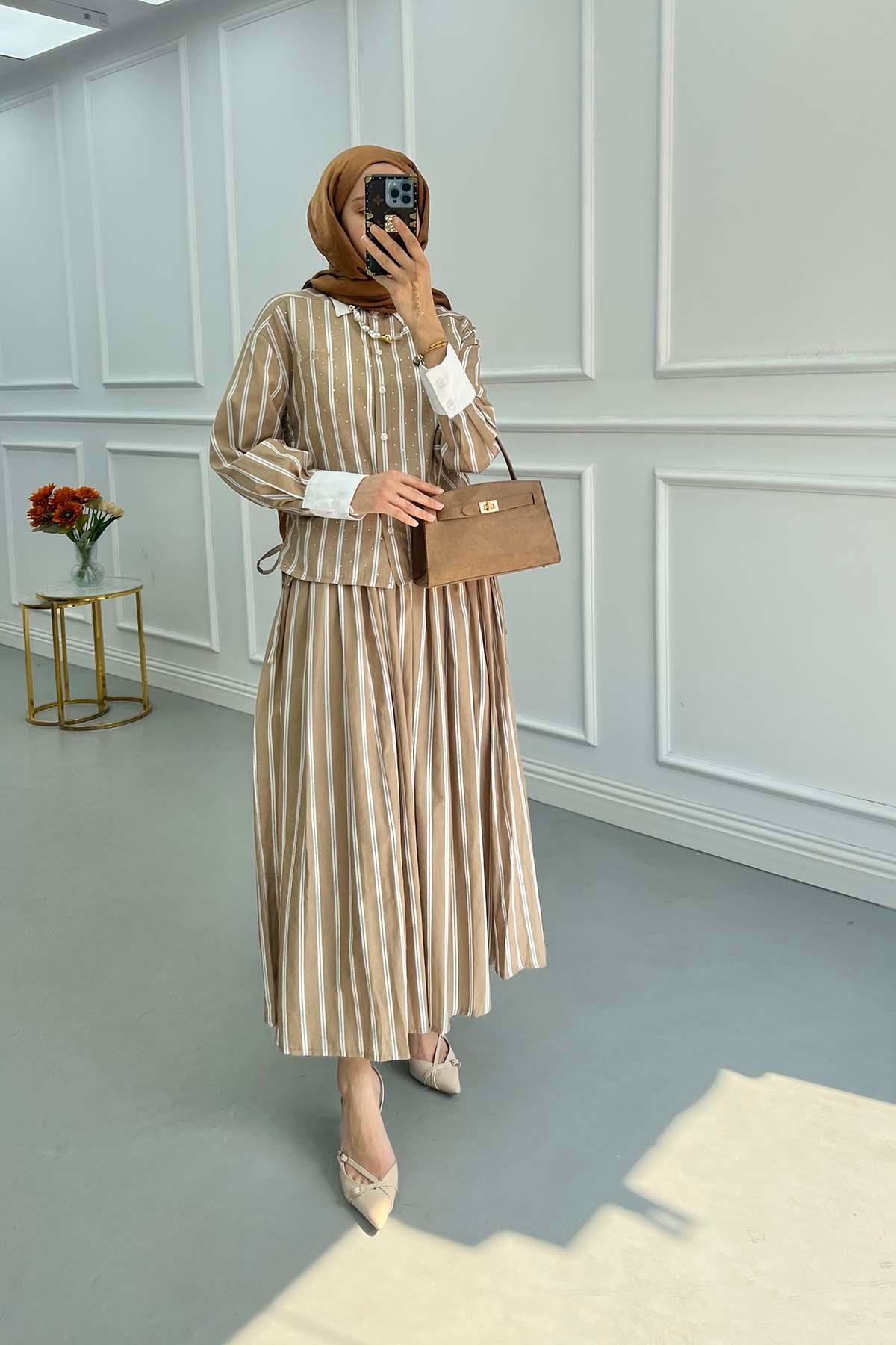 Sare Fashion Stone Embroidered Striped Skirt Suit Beige