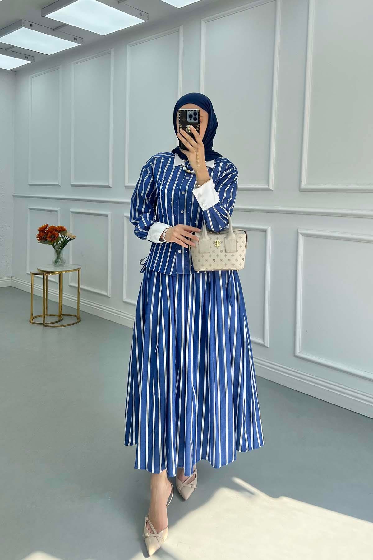 Sare Fashion Stone Embroidered Striped Skirt Suit Navy Blue