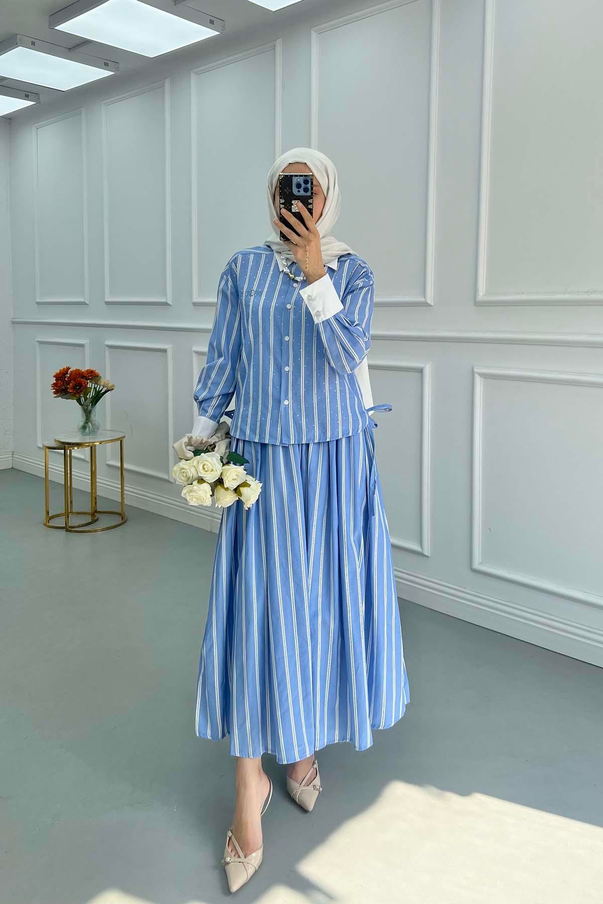 Sare Fashion Stone Embroidered Striped Skirt Suit Blue