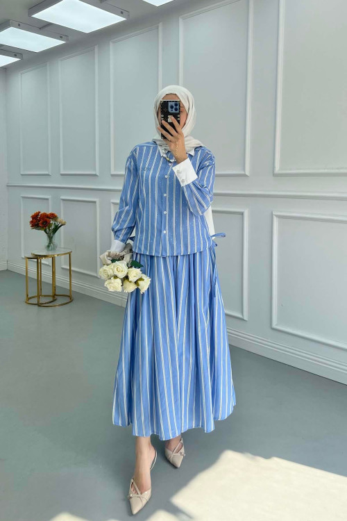 Sare Fashion Stone Embroidered Striped Skirt Suit Blue