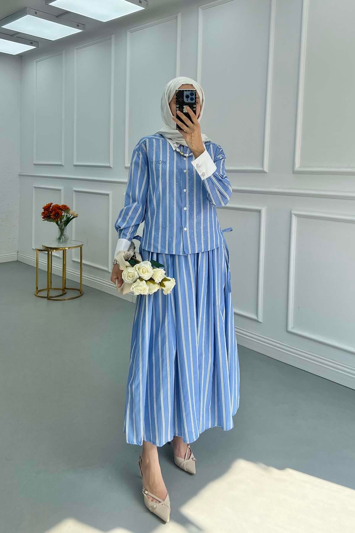Sare Fashion Stone Embroidered Striped Skirt Suit Blue