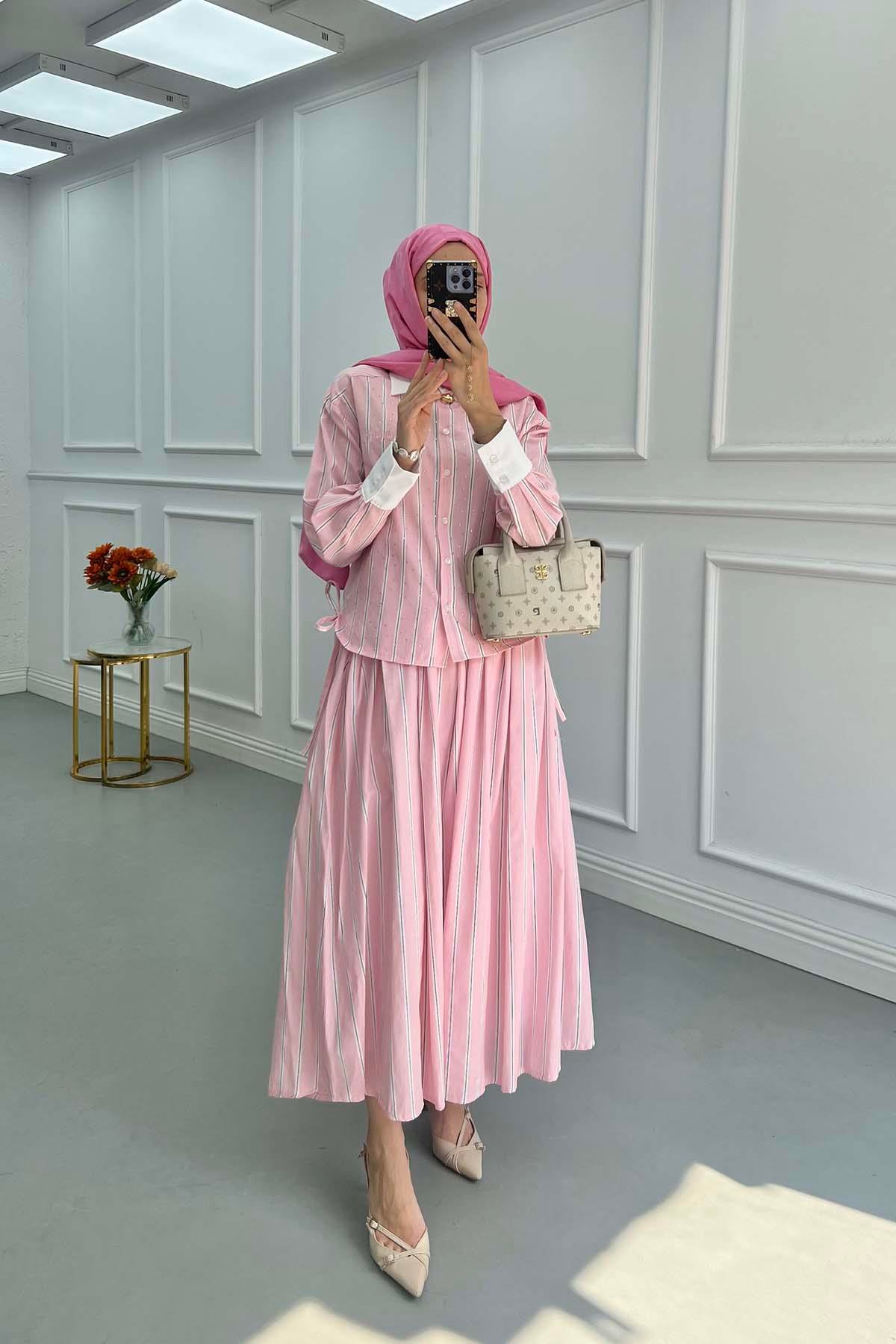 Sare Fashion Stone Embroidered Striped Skirt Suit Pink