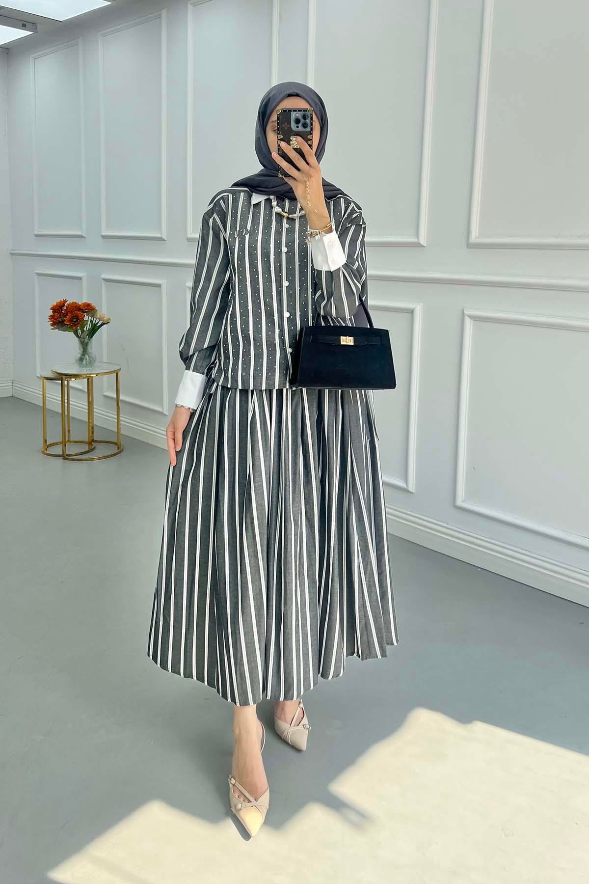 Sare Fashion Stone Embroidered Striped Skirt Suit Black