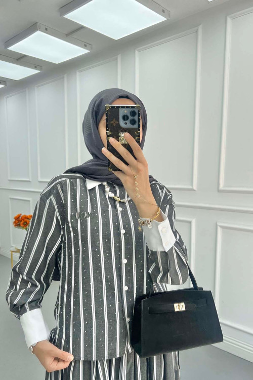 Sare Fashion Stone Embroidered Striped Skirt Suit Black