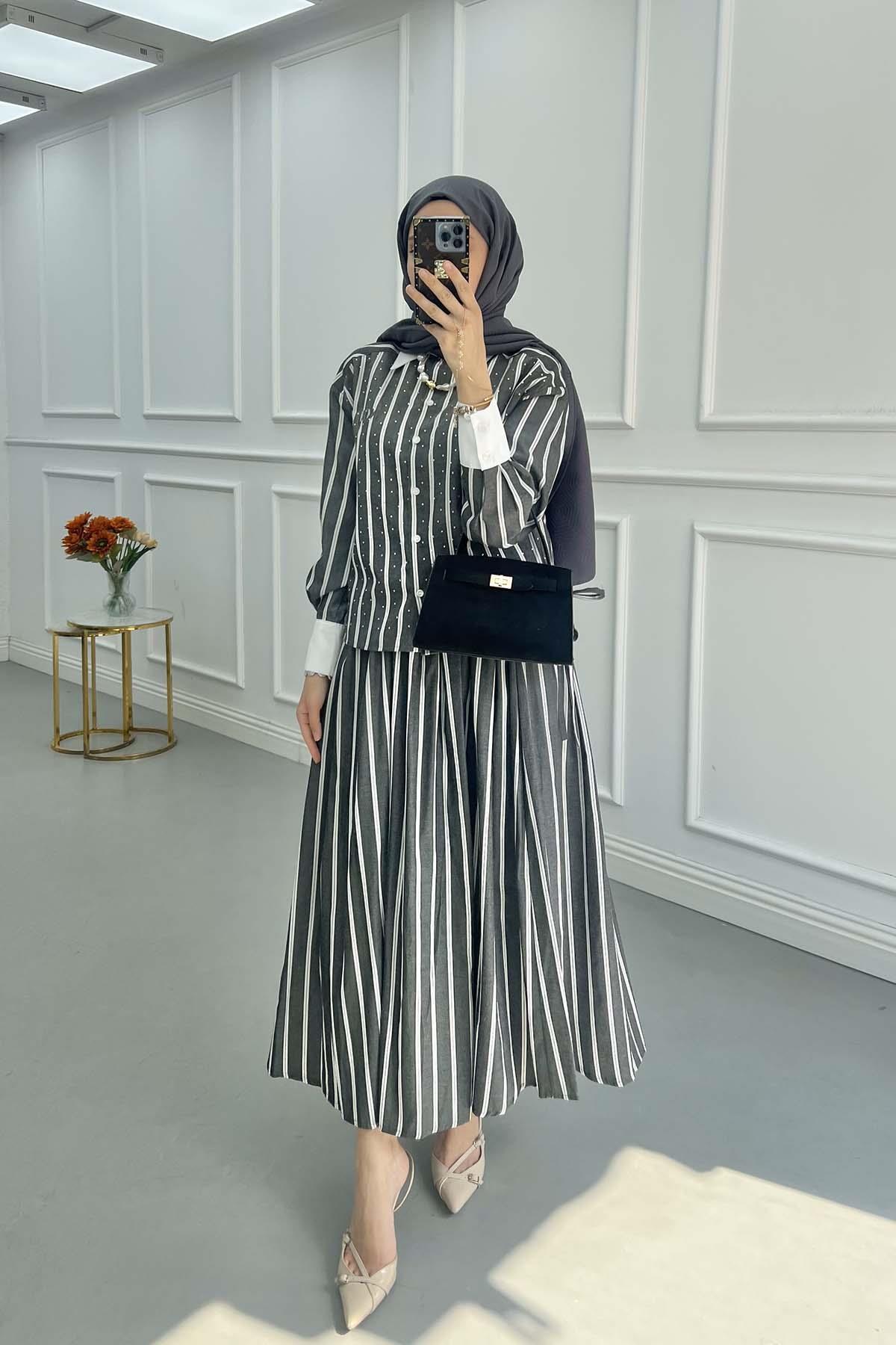Sare Fashion Stone Embroidered Striped Skirt Suit Black