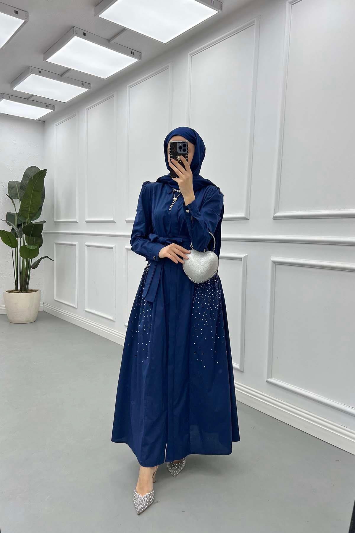 Sare Fashion Stone Embroidered Dress Navy Blue