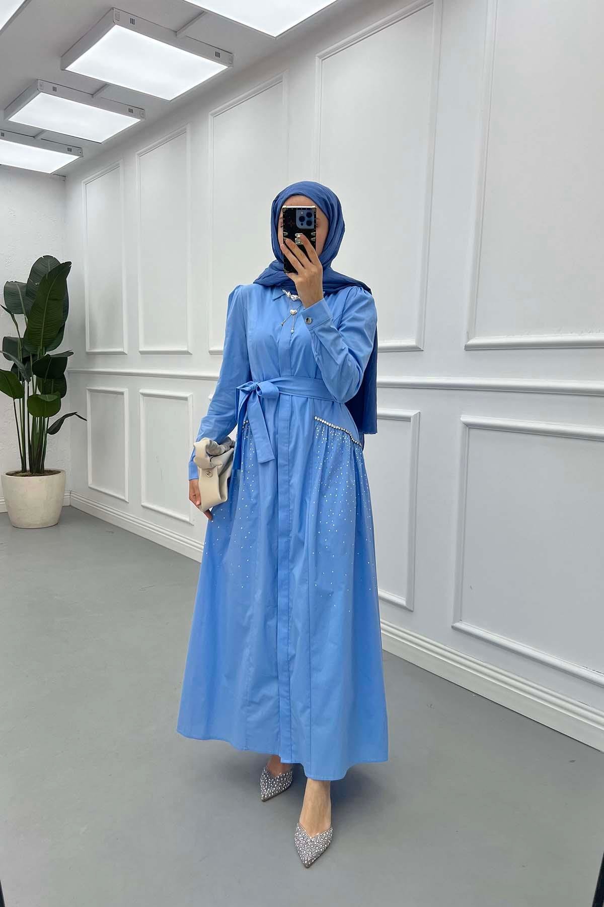 Sare Fashion Stone Embroidered Dress Blue