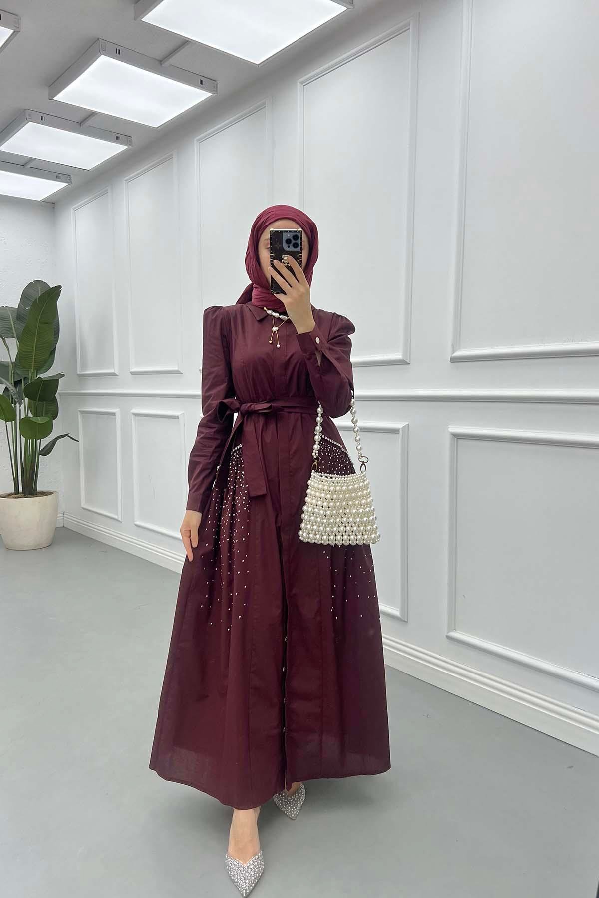 Sare Fashion Stone Embroidered Dress Plum