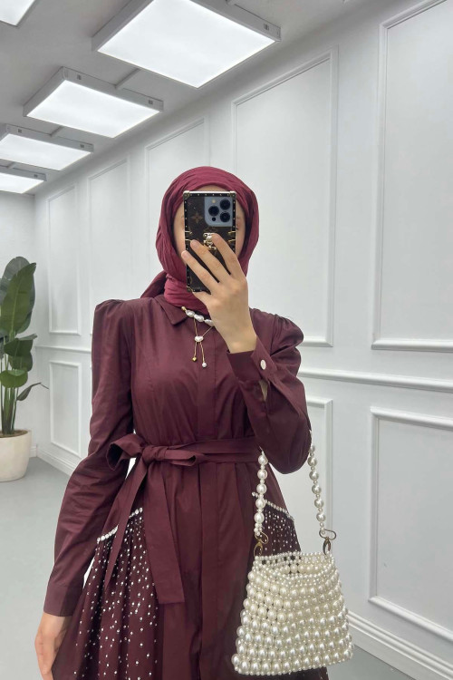 Sare Fashion Stone Embroidered Dress Plum