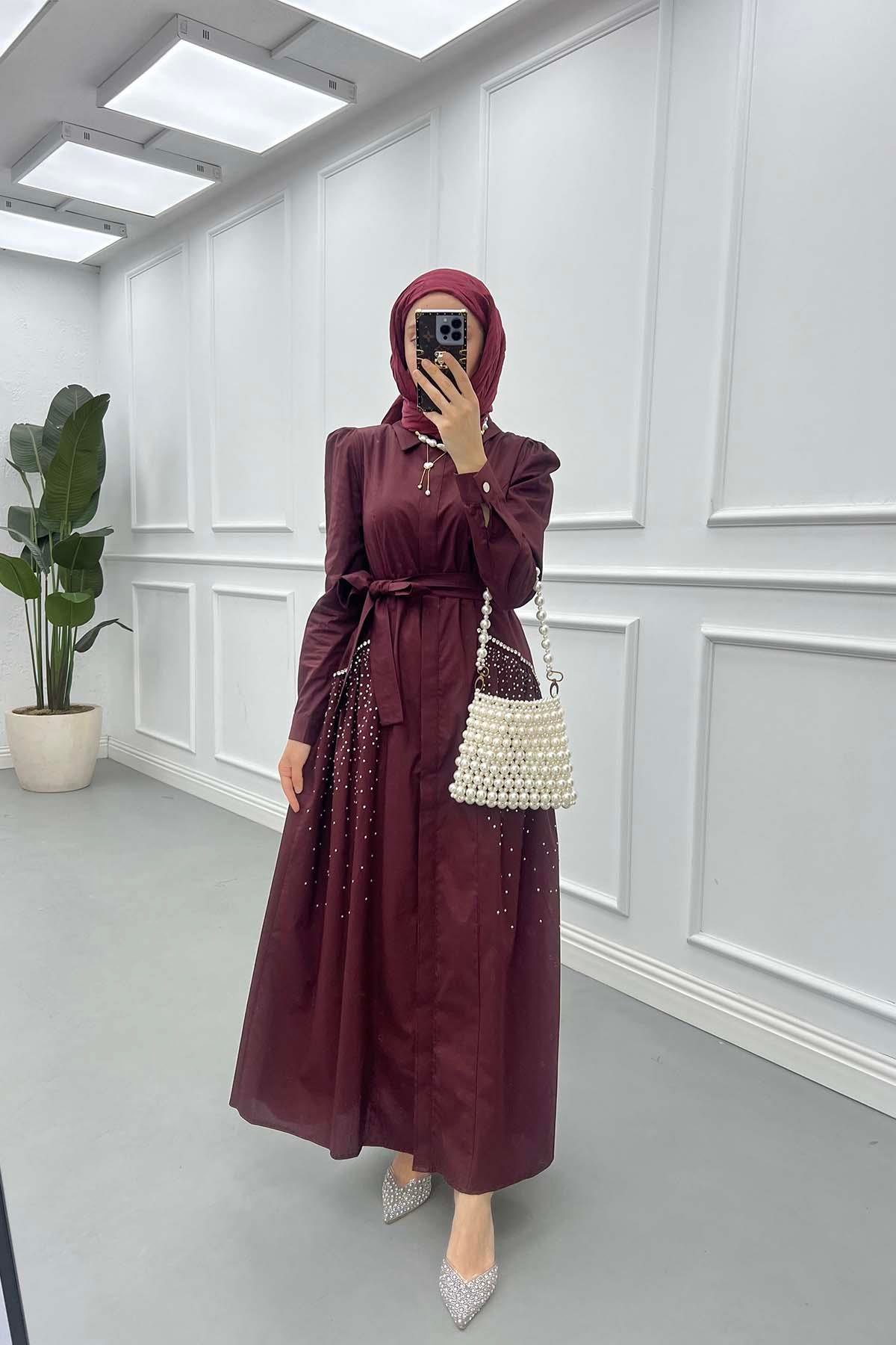 Sare Fashion Stone Embroidered Dress Plum