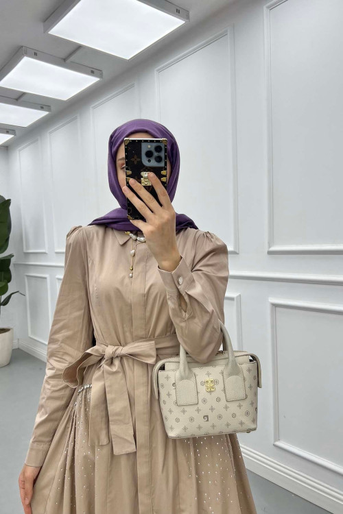 Sare Fashion Stone Embroidered Dress Mink