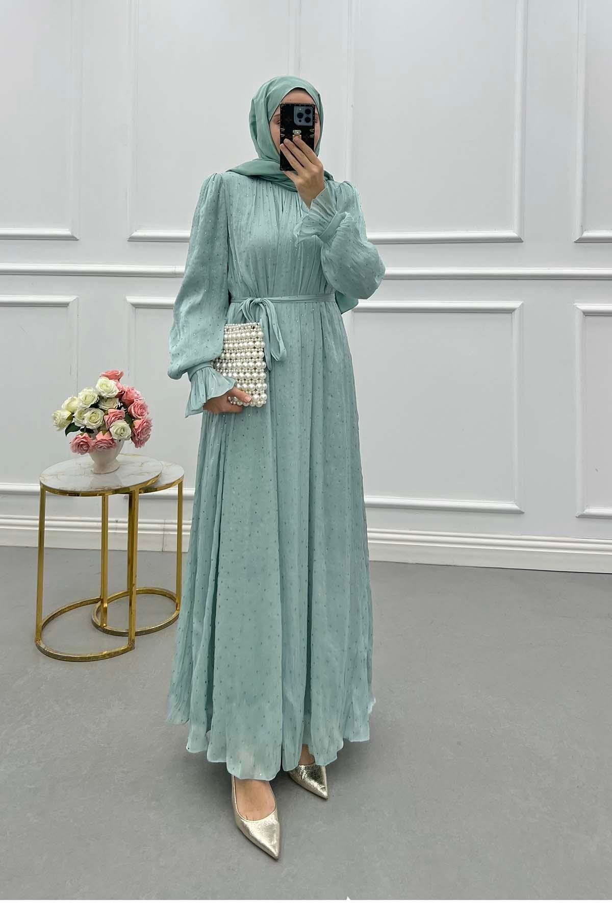 Sare Fashion Belted and Lined Tulle Dress with Stone and Sleeve Details Mint Green Sare Fashion Belted and Lined Tulle Dress with Stone and Sleeve Details Mint Green