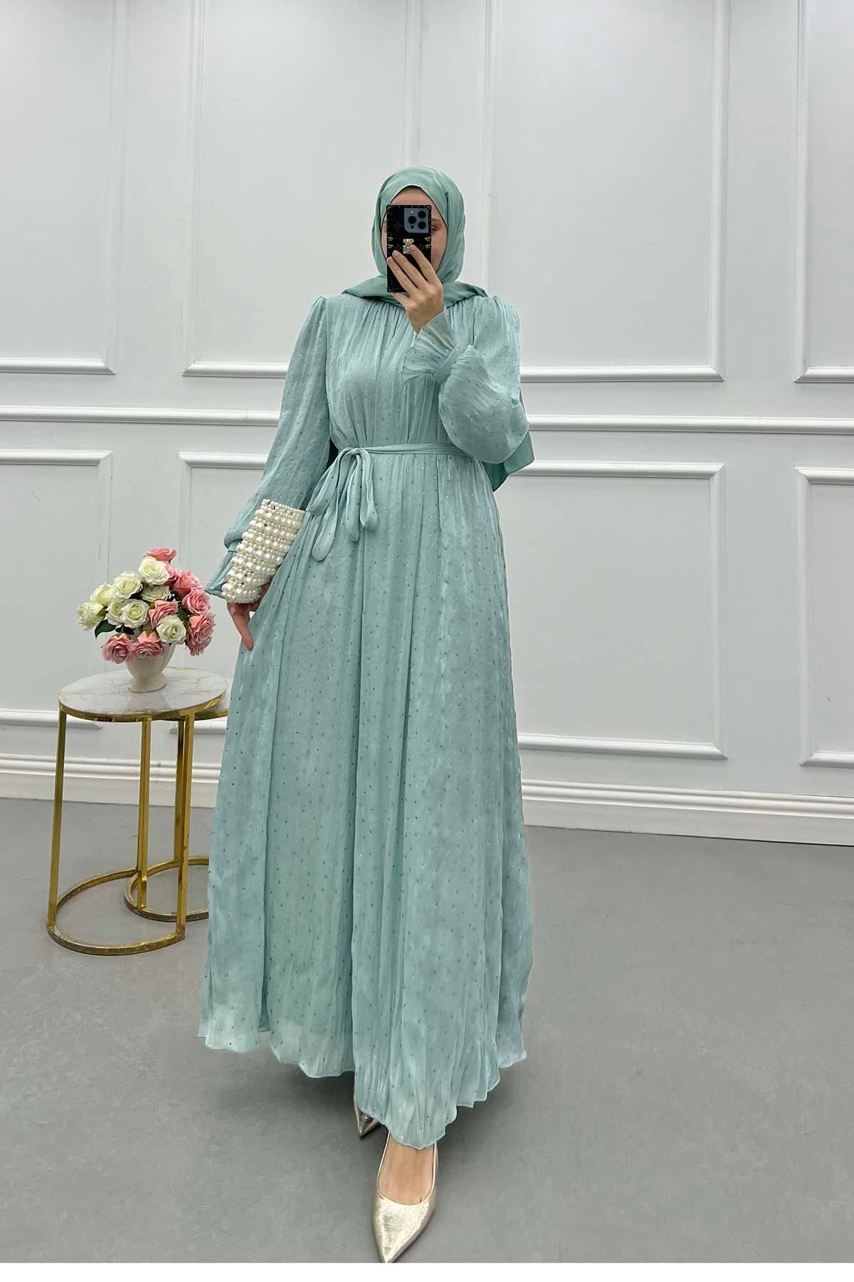 Sare Fashion Belted and Lined Tulle Dress with Stone and Sleeve Details Mint Green