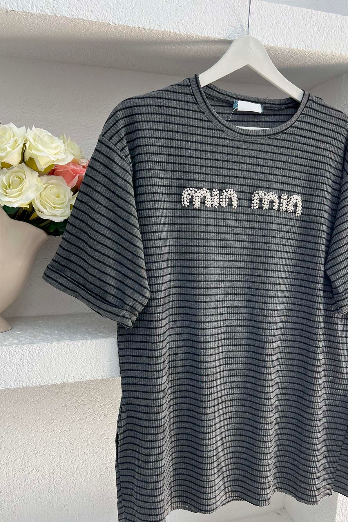 Sare Fashion Stone Striped Min T-shirt Gray