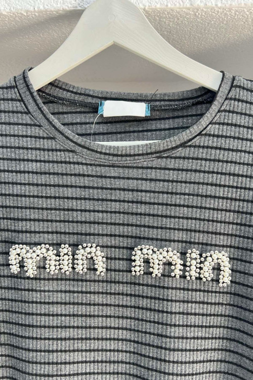 Sare Fashion Stone Striped Min T-shirt Gray