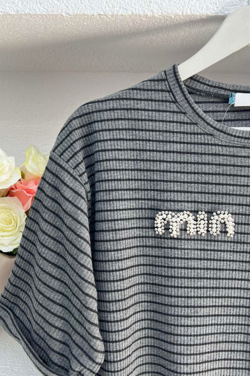 Sare Fashion Stone Striped Min T-shirt Gray