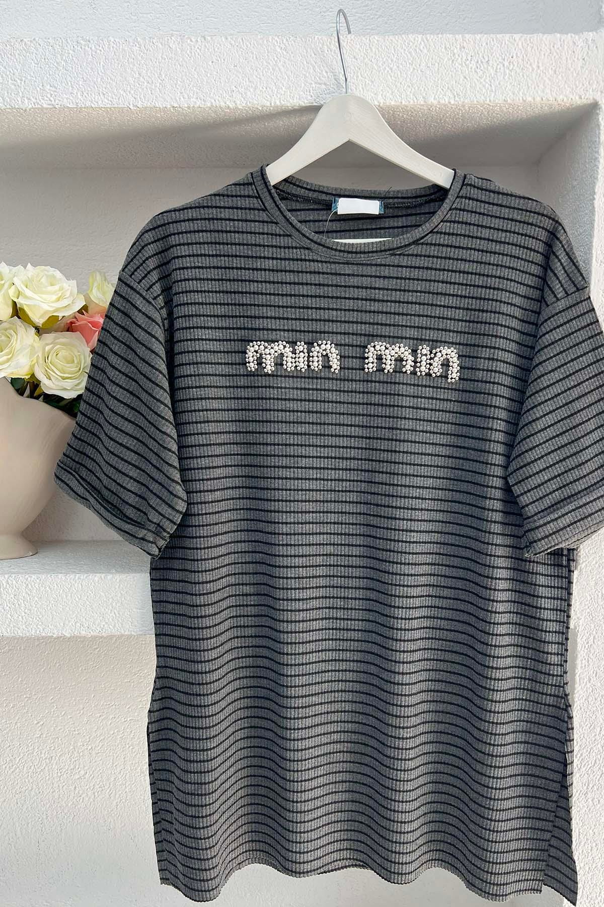 Sare Fashion Stone Striped Min T-shirt Gray