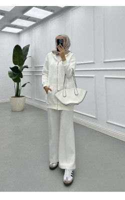 Sare Fashion Stoned Zippered Raised Sweater White