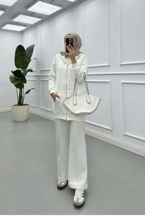 Sare Fashion Stoned Zippered Raised Sweater White