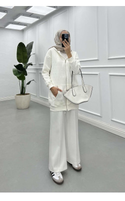 Sare Fashion Stoned Zippered Raised Sweater White