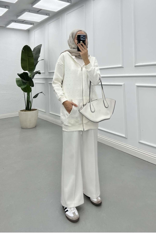 Sare Fashion Stoned Zippered Raised Sweater White