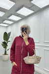 Sare Fashion Stoned Zippered Raised Sweater Burgundy