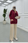 Sare Fashion Stoned Zippered Raised Sweater Burgundy