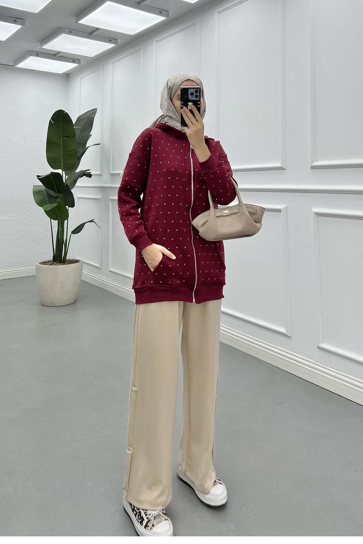 Sare Fashion Stoned Zippered Raised Sweater Burgundy
